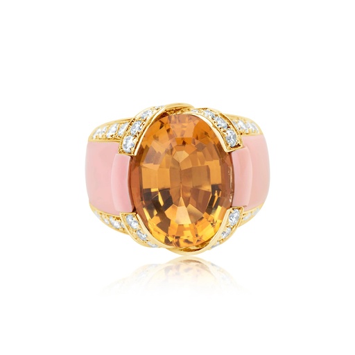 [R578] Yellow Gold Italian Coral And Citrine Ring