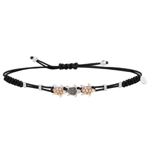 [B168DBDN3] White Gold Three Turtle Cord Bracelet Mixed Diamond