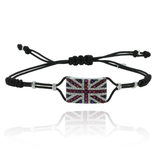 [B301GB] White Gold Union Jack Flag Cord Bracelet Diamond Ruby Blue Sapphire