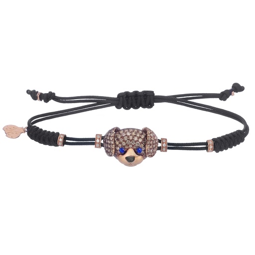 [B850DB] Rose Gold Dog Cord Bracelet Brown Diamond Blue Sapphire