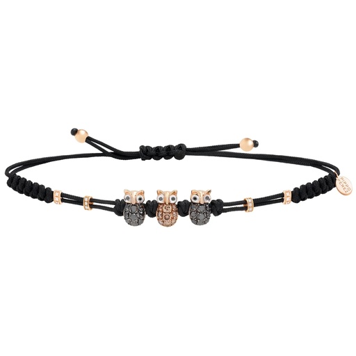 [B114DNDB.D3] Rose Gold Three Owl Cord Bracelet White and Black Diamond