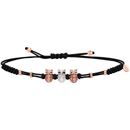 [B114DBD.S3] White and Rose Gold Three Owl Cord Bracelet White and Brown Diamond