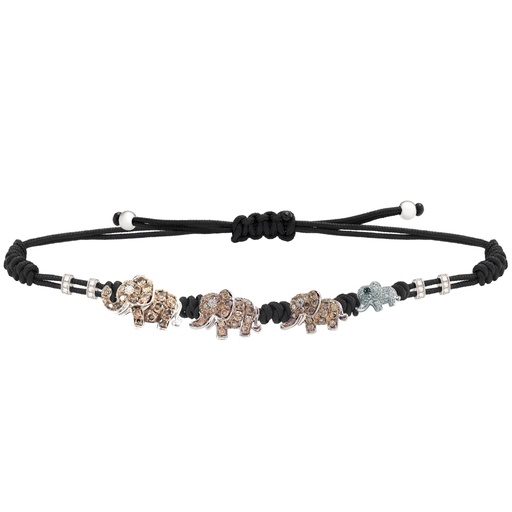 [B183DDB4] Rose Gold Elephant Family Cord Bracelet White and Brown Diamond