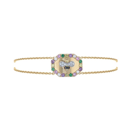 [B951MIX.118ZG] Rose Gold Bee Shield Chain Bracelet Mixed Sapphire