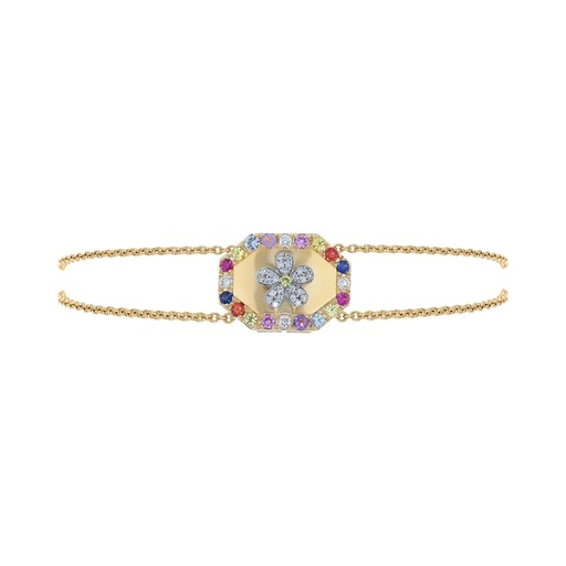 [B951MIX.770DZG] Rose Gold Flower Shield Chain Bracelet Mixed Sapphire