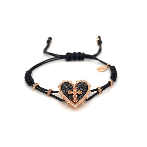 [B921DN] Rose Gold Cross Heart Cord Bracelet Black Diamond