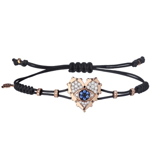 [B920DZB] Rose Gold Evil Eye Heart Cord Bracelet Diamond Blue Sapphire