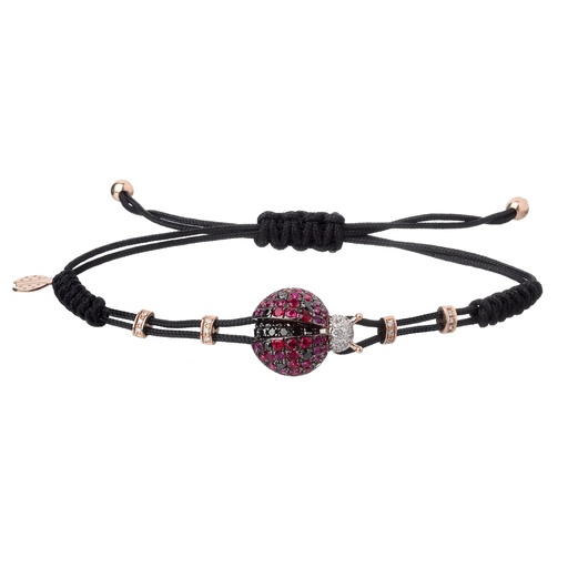 [B105RU.M] Rose Gold Medium Ladybug Cord Bracelet White and Black Diamond