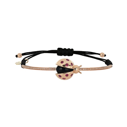 [B105RU.BS] Rose Gold Ladybug Cord Bracelet Brown Diamond