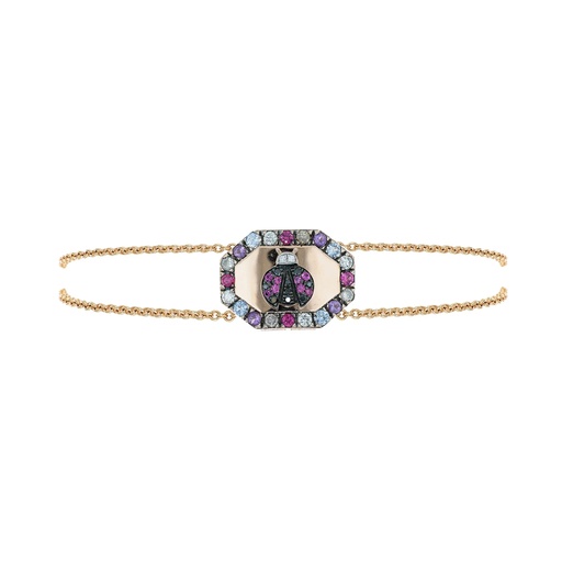 [B951MIX.105RU] Rose Gold Ladybug Shield Chain Bracelet Ruby Mixed Sapphire