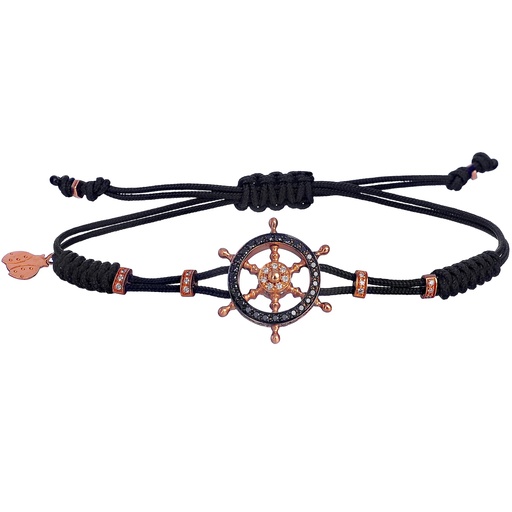 [B903DDNDB] Rose Gold Ships Wheel Cord Bracelet White and Black Diamond