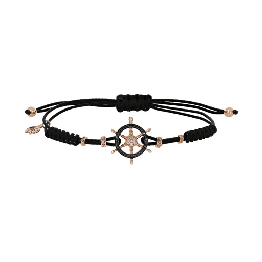 [B903DND.S.X] Rose Gold Small Ships Wheel Cord Bracelet White and Black Diamond