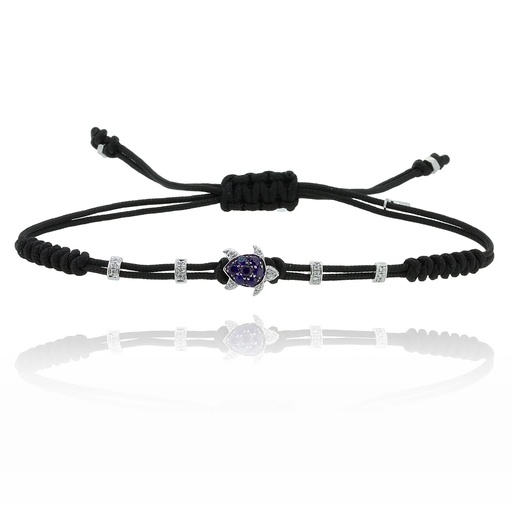 [B168ZB] White Gold Small Turtle Cord Bracelet Blue Sapphire