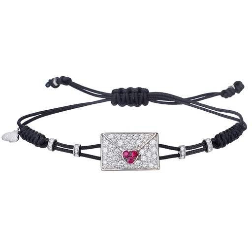 [B637DRU] White Gold Envelope Heart Cord Bracelet Diamond Ruby