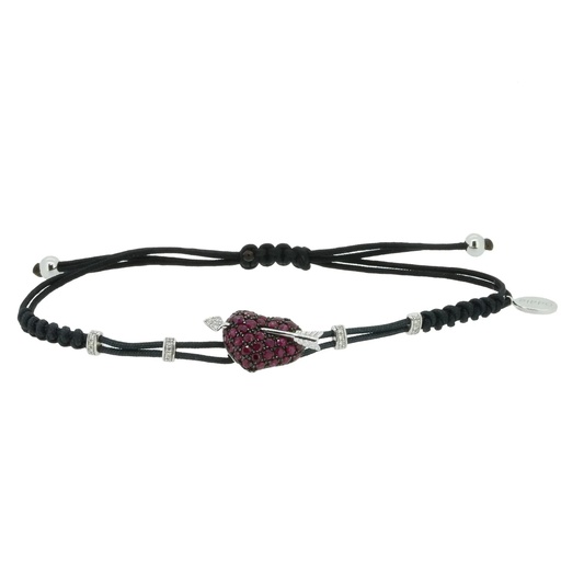 [B630RU] White Gold Arrow Heart Cord Bracelet White and Black Diamond