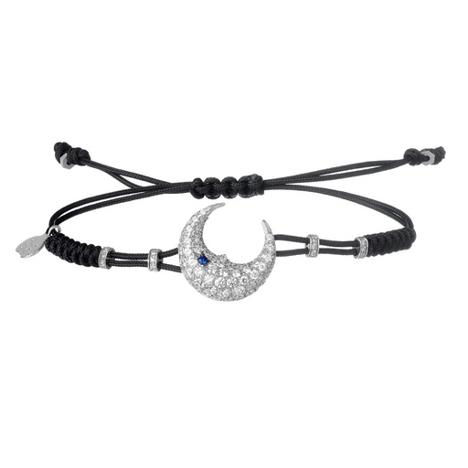 [B133BD.L] White Gold Large Moon Cord Bracelet Diamond Blue Sapphire