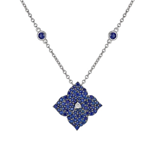 [P1428-B] Black Gold Fiore Small Flower Necklace - Blue Sapphire