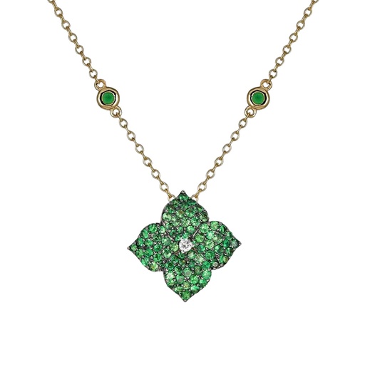 [P1428-TSA] Black Gold Fiore Small Flower Necklace - Tsavorite
