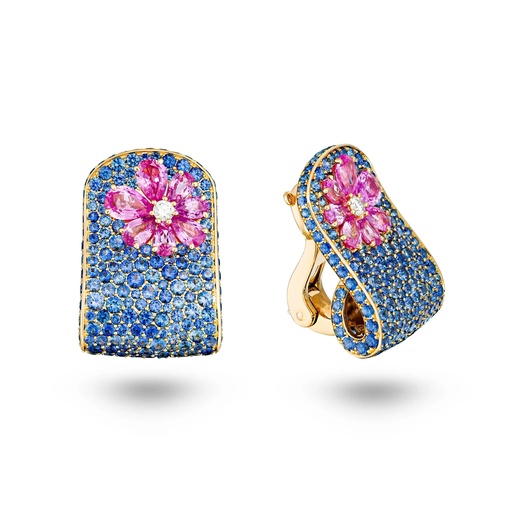 [Eden Blue Sapphire Earrings With Pink Sapphire And Diamond Flower] Eden Blue Sapphire Earrings With Pink Sapphire And Diamond Flower