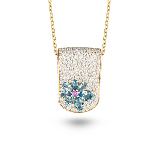 [Eden Diamond Necklace With Aquamarine And Pink Sapphire Flower] Eden Diamond Necklace With Aquamarine And Pink Sapphire Flower