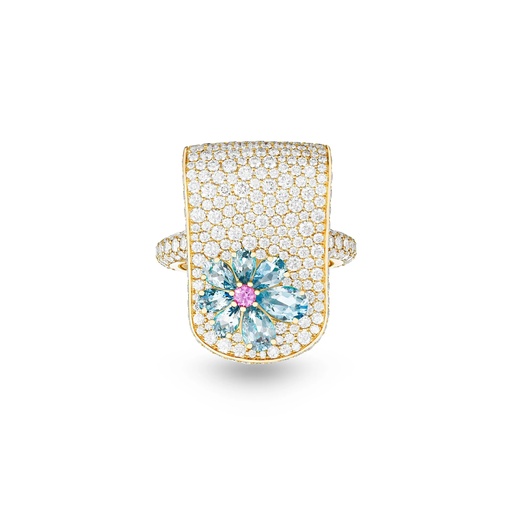 [Eden Diamond Ring With Aquamarine And Pink Sapphire Flower] Eden Diamond Ring With Aquamarine And Pink Sapphire Flower