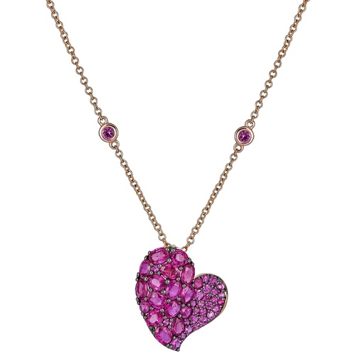 [N6088-DP] Rose Gold Wave Heart Medium Necklace - Pink Sapphire