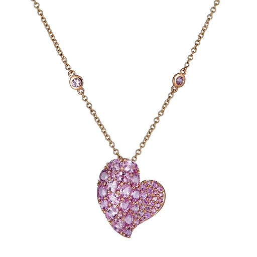 [N6088-P] Rose Gold Wave Heart Medium Necklace - Pink Sapphire