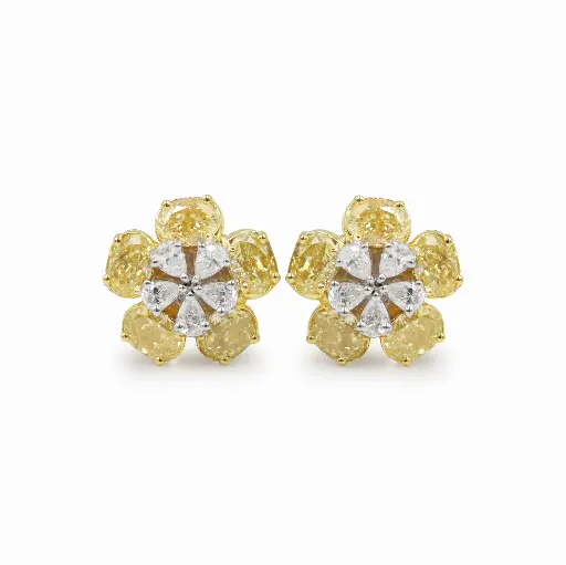 [FER-2208#3783] Fancy Yellow & White Diamond Flower Earrings