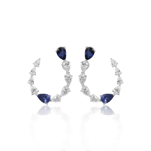 [GAER-1549#3797] White Gold Diamond & Sapphire Hoop Earrings