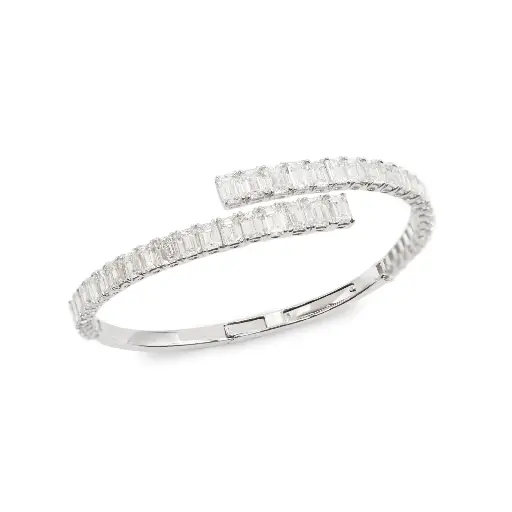 [RAB-10076#3802] White Gold Diamond Emerald Cut Crosover Bangle