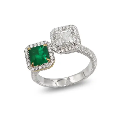 [GAR-1489#3809] White Diamond & Emerald Double Stone Ring