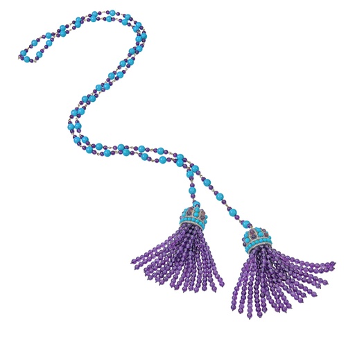 [N5917-AM/TURQ] White Gold Capri Tassel Lariat - Amethyst