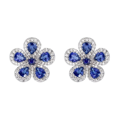 [E5045-B] White Gold Classic Flower Earrings - Blue Sapphire