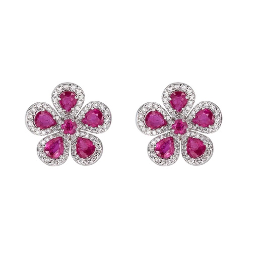 [E5045-R] White Gold Classic Flower Earrings - Ruby