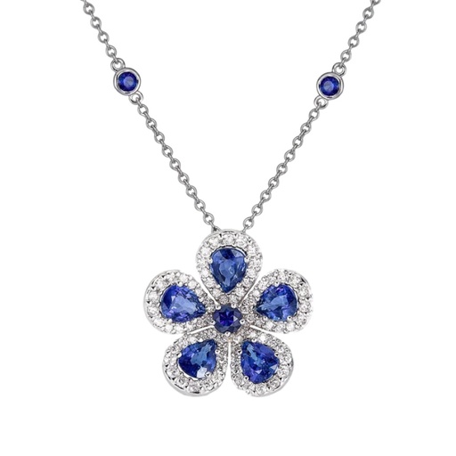 [N6082-B] White Gold Classic Flower Large Necklace - Blue Sapphire