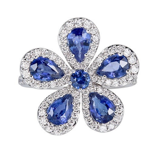 White Gold Classic Flower Ring - Blue Sapphire