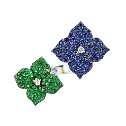 White Gold Fiore Double Flower Ring - Blue Sapphire