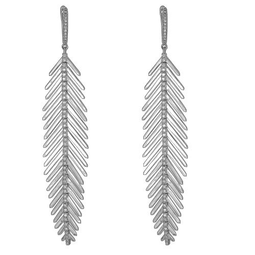 [E5018/WG] White Gold Long Feather Earrings