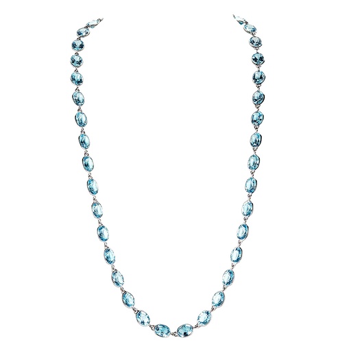 [N5735-BT24] White Gold Pietra Oval Chain Necklace - Blue Topaz