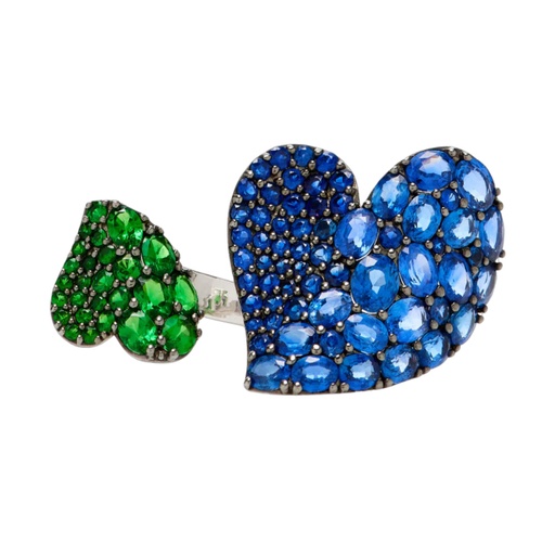 White Gold Wave Heart Double Ring - Blue Sapphire