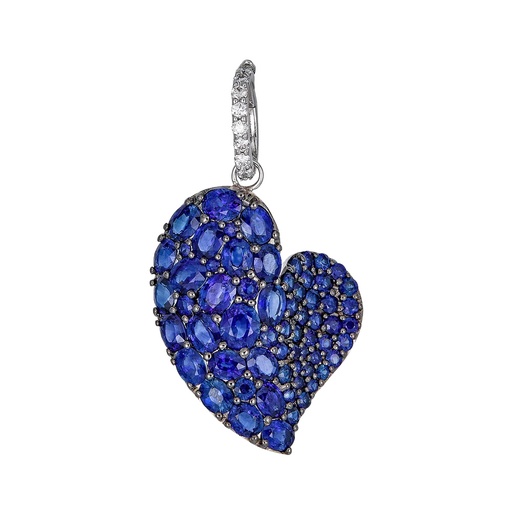 [P1450-B] White Gold Wave Heart Large Pendant - Blue Sapphire