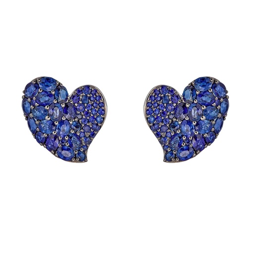 [E5389-B] White Gold Wave Heart Medium Earring - Blue Sapphire