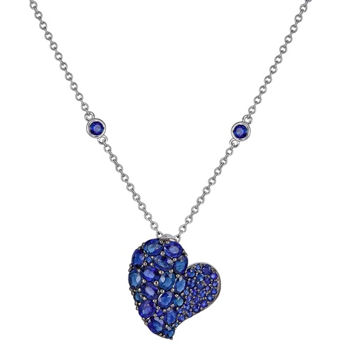 [N6088-B] White Gold Wave Heart Medium Necklace - Blue Sapphire