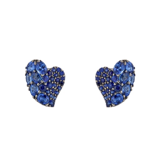 [E5017-B] White Gold Wave Heart Small Earring - Blue Sapphire