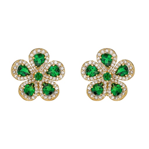 [E5045-TSA] Yellow Gold Classic Flower Earrings - Tsavorite