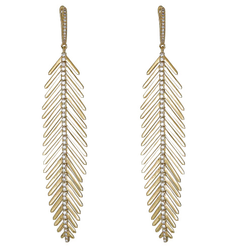 [E5018/YG] Yellow Gold Long Feather Earrings