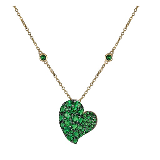 [N6088-TSA] Yellow Gold Wave Heart Medium Necklace - Tsavorite