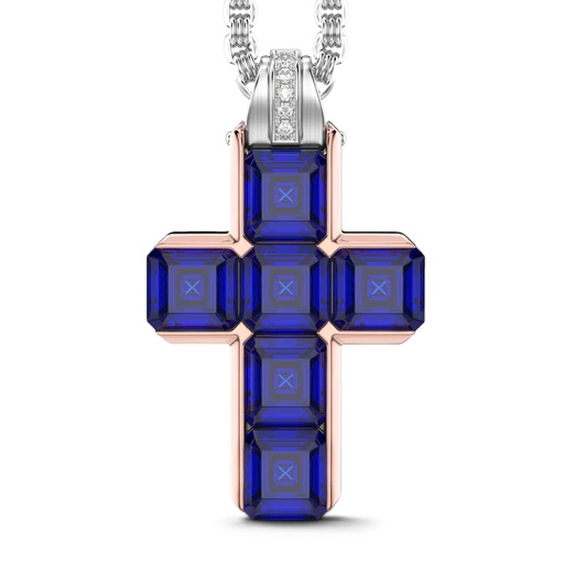 [EC956] Zancan 18K Gold Cross Pendant Necklace With Blue Sapphires