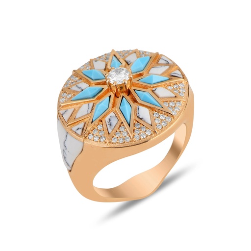 Rose Gold Nord Ring - Turquoise & White Agate