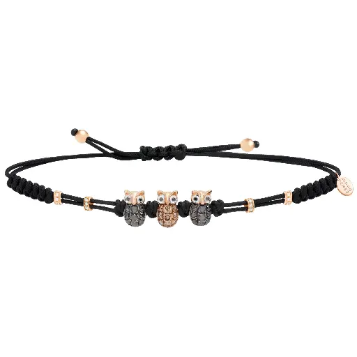 [B114DNDB.D3#481] Rose Gold & Black Diamonds 3 Owls Cord Bracelet